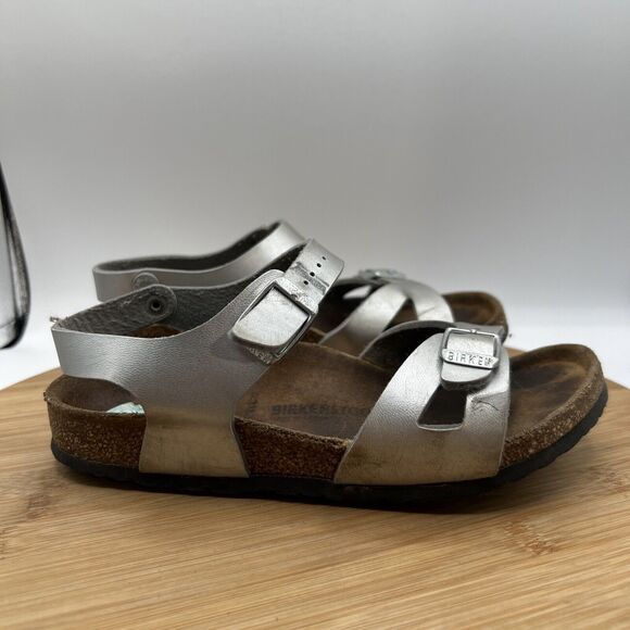 Birkenstock Rio Youth Size 3 Silver Cork Footbed Strap Open Toe Sandal Shoes - Picture 3 of 8